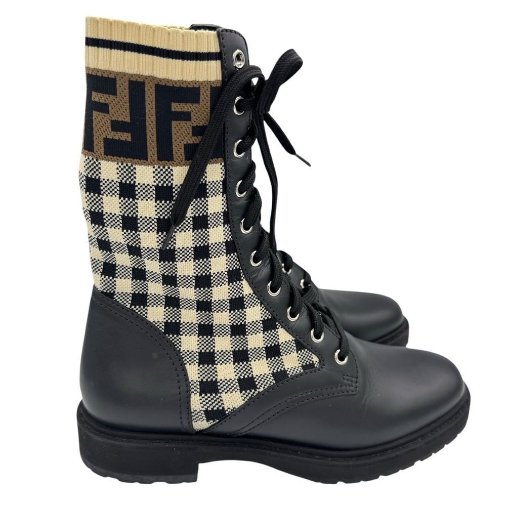 Fendi Rockoko Knit Leather Logo Biker Vitello Combat Boots Size 8.5 - Picture 5 of 12